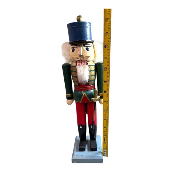 Vintage Wooden Blue Toy Soldier Nutcracker Red Base & Hat Christmas Holiday 14" - Picture 4 of 10